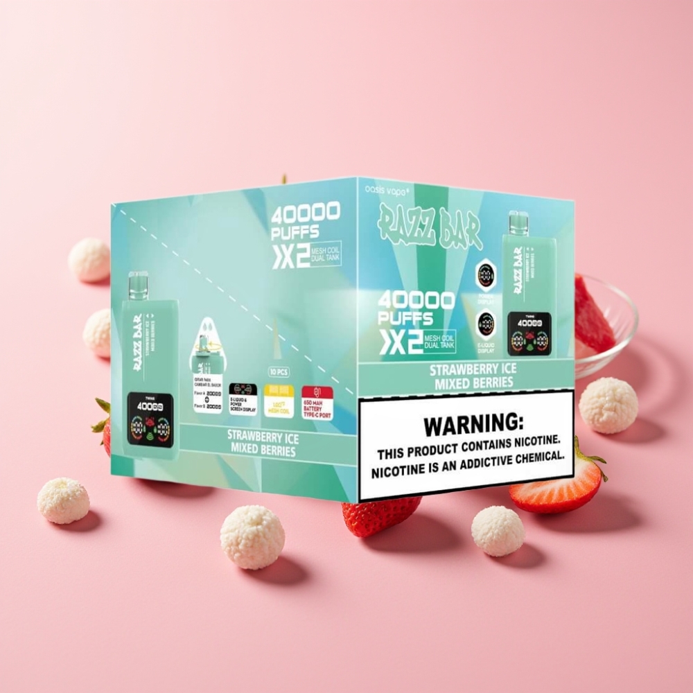 Razz Bar 40000 Пуфса Едноразово Вейп Ягода Лед & Смесени Ягоди, Дисплей, 1.0Ω×2 Мрежов Намотка, 650 mAh Батерия