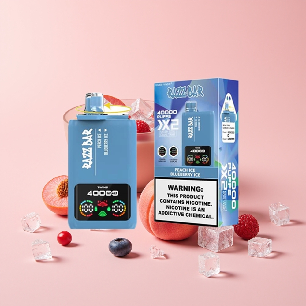 Razz Bar 40000 Puffs Диспозейбъл Вейп ПРАСКОВ ЛЕД & БОРОВИНКОВ ЛЕД, Екран, 1.0Ω×2 Мрежова Намотка, 650mAh Батерия, Type-C