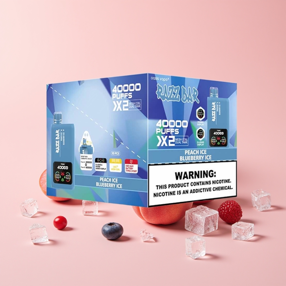 Razz Bar 40000 Puffs Диспозейбъл Вейп ПРАСКОВ ЛЕД & БОРОВИНКОВ ЛЕД, Екран, 1.0Ω×2 Мрежова Намотка, 650mAh Батерия, Type-C