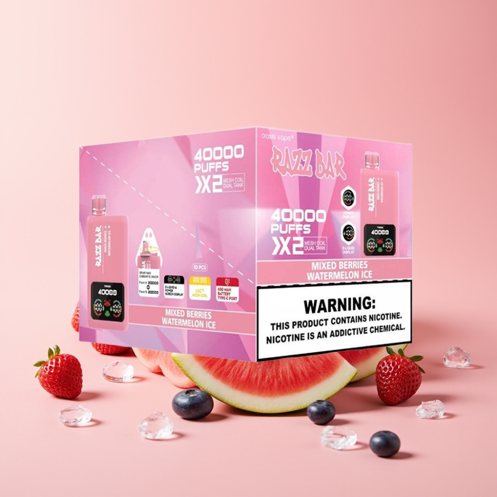 Razz Bar 40000 Puffs Disposable Vape ЕКРАН, ТИП-C, 2%/5% Никотин СМЕСЕНИ ЯГОДИ & ДИНЯ ЛЕД