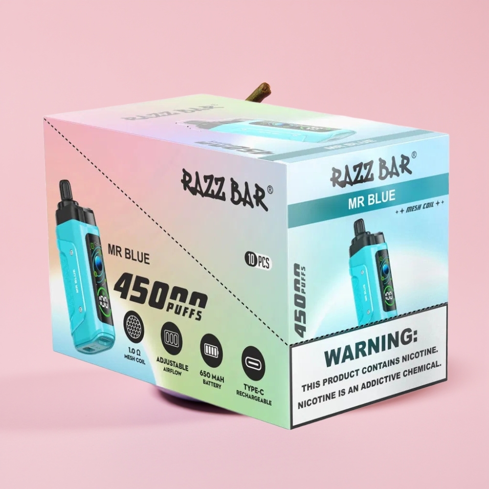 Razz Bar 45000 Пуфса Едноразов Вейп Господин Син с 1.0 Ohm мрежова намотка, регулируем въздушен поток, 650 mAh батерия