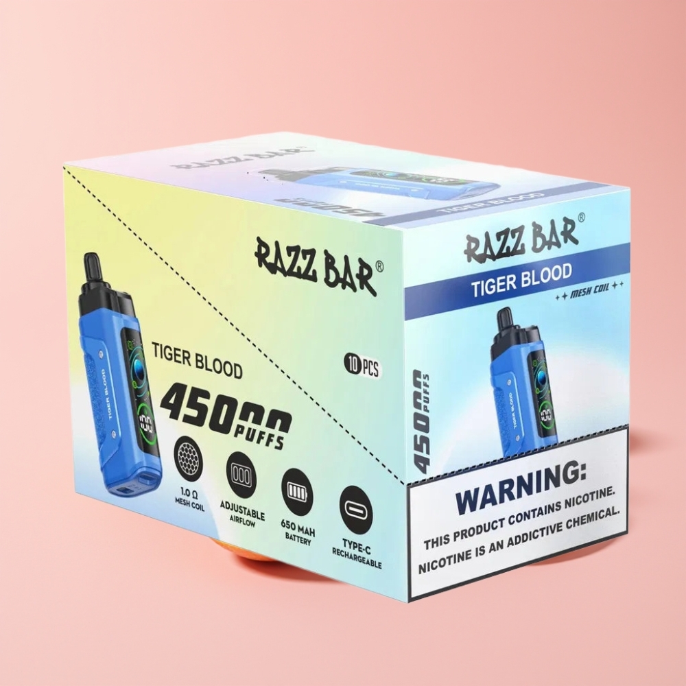 Razz Bar 45000 Пуфове Disposable Vape Тигърва Кръв с 1.0 Ohm мрежов намотка, регулируем въздушен поток, 650 mAh батерия