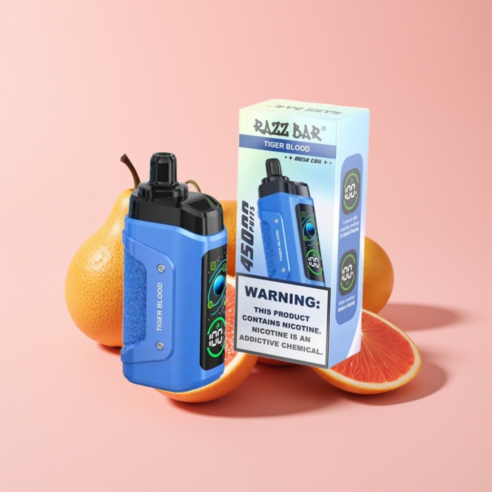 Razz Bar 45000 Пуфове Disposable Vape Тигърва Кръв с 1.0 Ohm мрежов намотка, регулируем въздушен поток, 650 mAh батерия