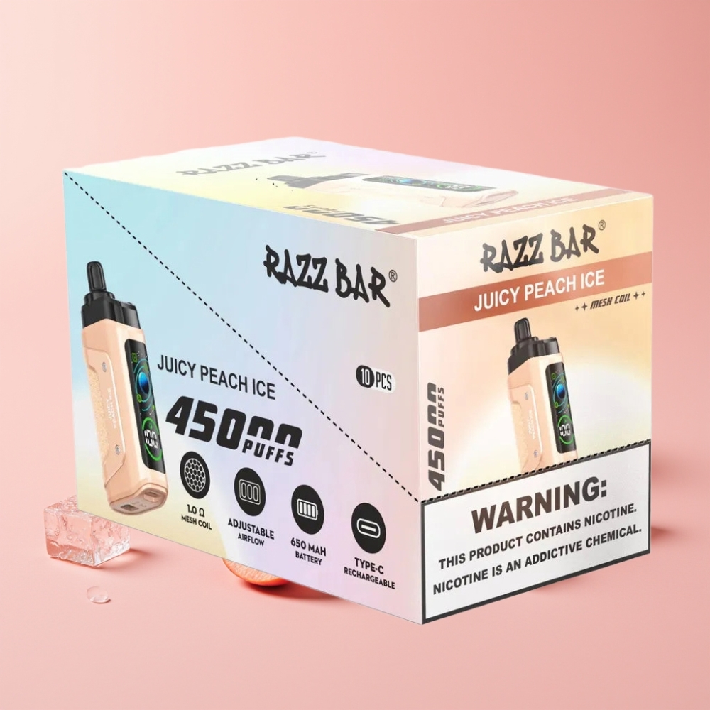 Razz Bar 45000 Puffs Disposable Vape Мека Праскова Лед с 1.0 Ohm Coil, Adjustable Airflow, Type-C