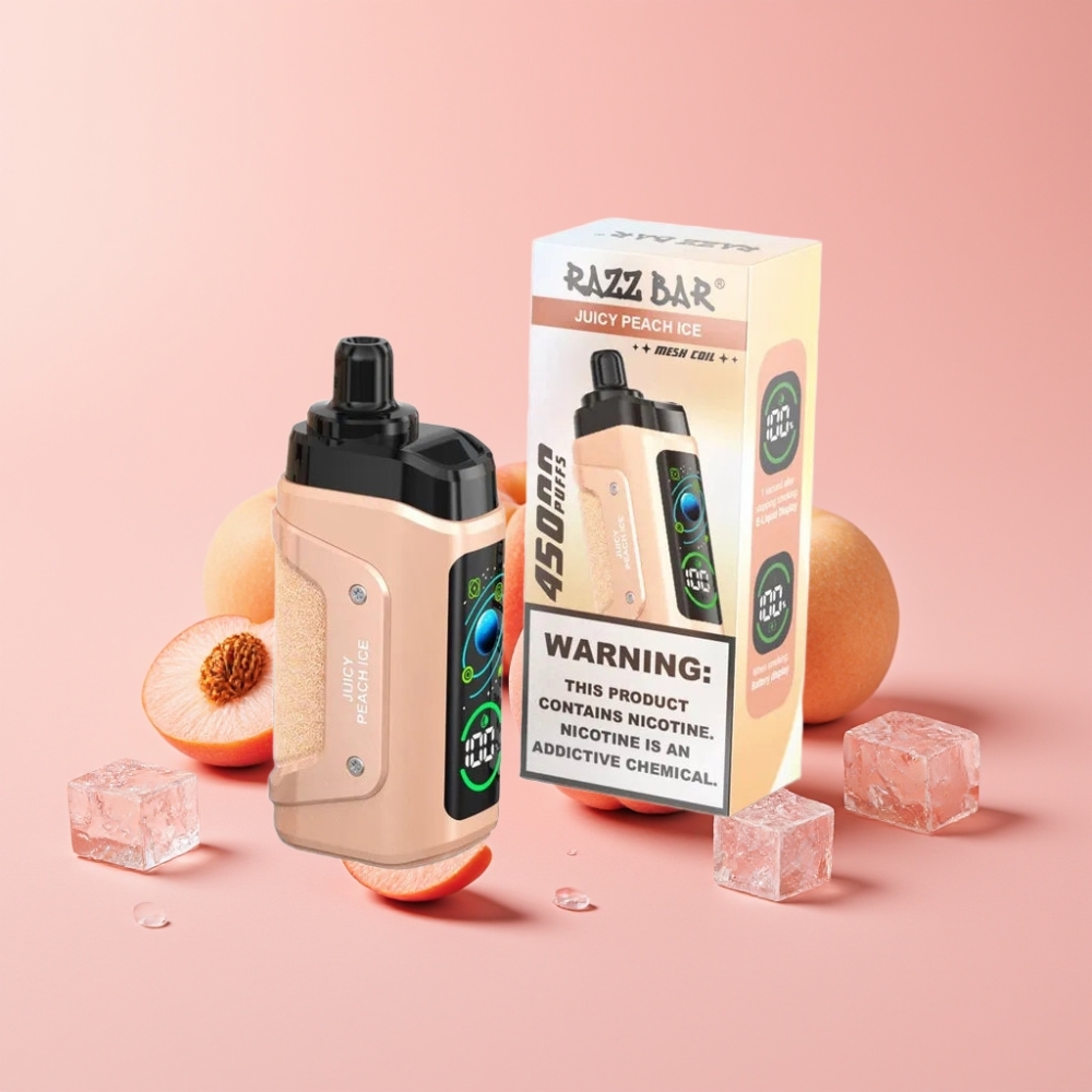 Razz Bar 45000 Puffs Disposable Vape Мека Праскова Лед с 1.0 Ohm Coil, Adjustable Airflow, Type-C