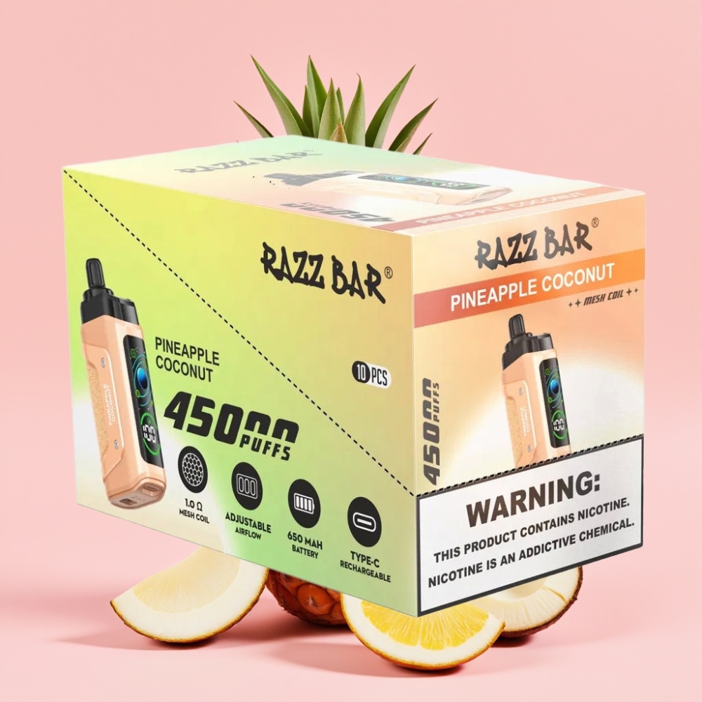 Razz Bar 45000 Puffs Disposable Vape Ананас Кокос с 1.0 Ohm Mesh Coil, Adjustable Airflow, 650mAh Battery, Type-C