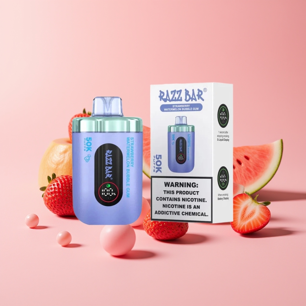 Razz Bar 50K Пуфсоса Едноразов Вейп Ягода Диня Дъвка с 50000 Пуфса, 1.0 Ohm Мрежов Коил, 650mAh Батерия