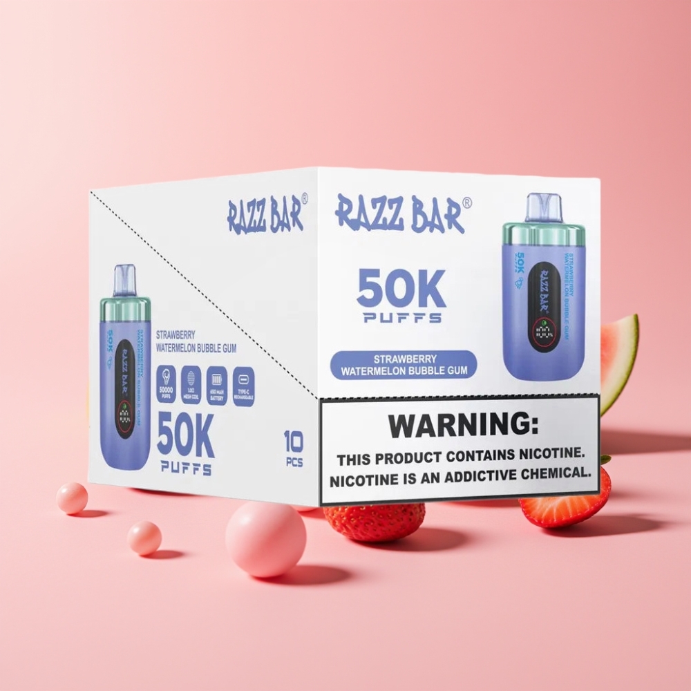 Razz Bar 50K Пуфсоса Едноразов Вейп Ягода Диня Дъвка с 50000 Пуфса, 1.0 Ohm Мрежов Коил, 650mAh Батерия