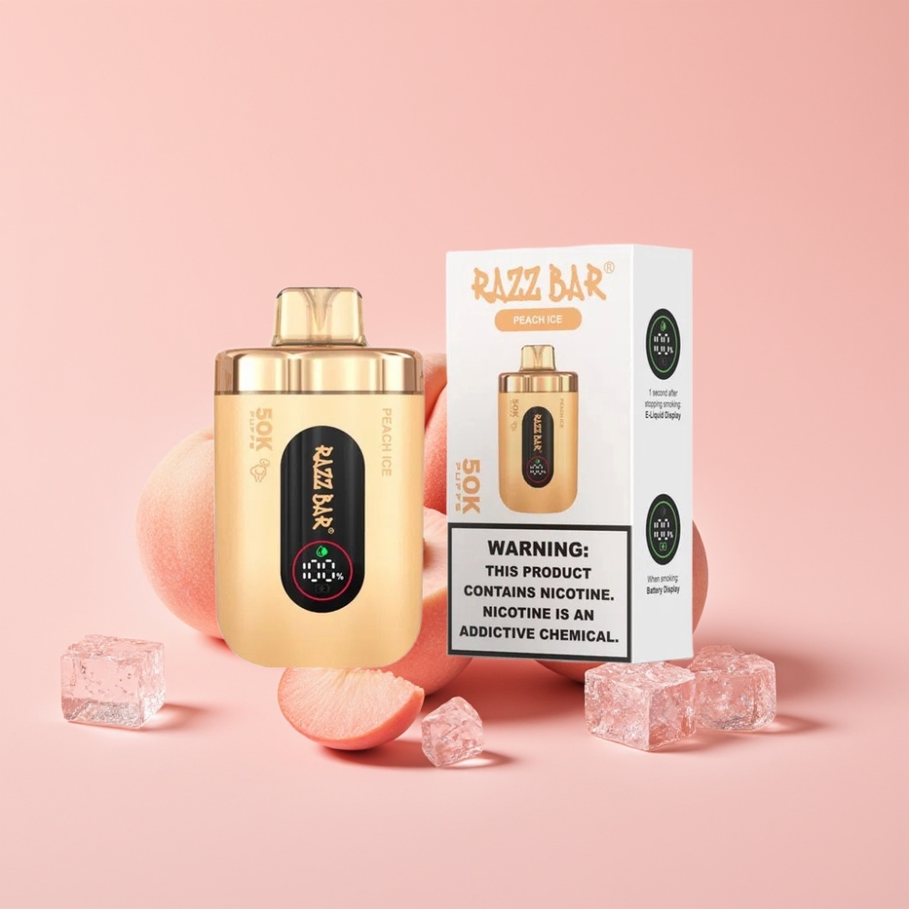 Razz Bar 50K Пуфове Disposable Vape Праскова Лед 1.0 Ohm Mesh, Type-C, 2% Nicotine