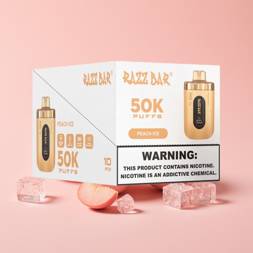 Razz Bar 50K Пуфове Disposable Vape Праскова Лед 1.0 Ohm Mesh, Type-C, 2% Nicotine