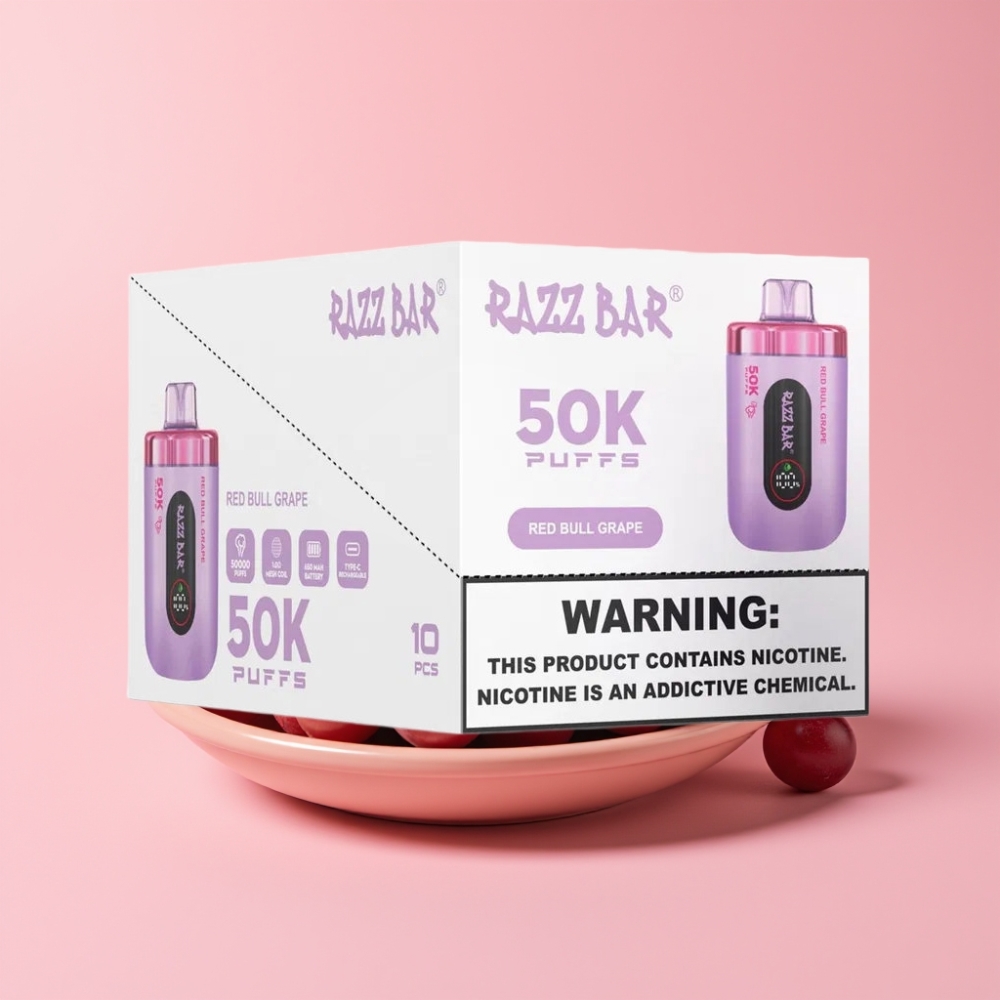 Razz Bar 50K Puffs Disposable Vape Червен бик Грозде 1.0 Ohm Mesh Coil 650mAh Type-C