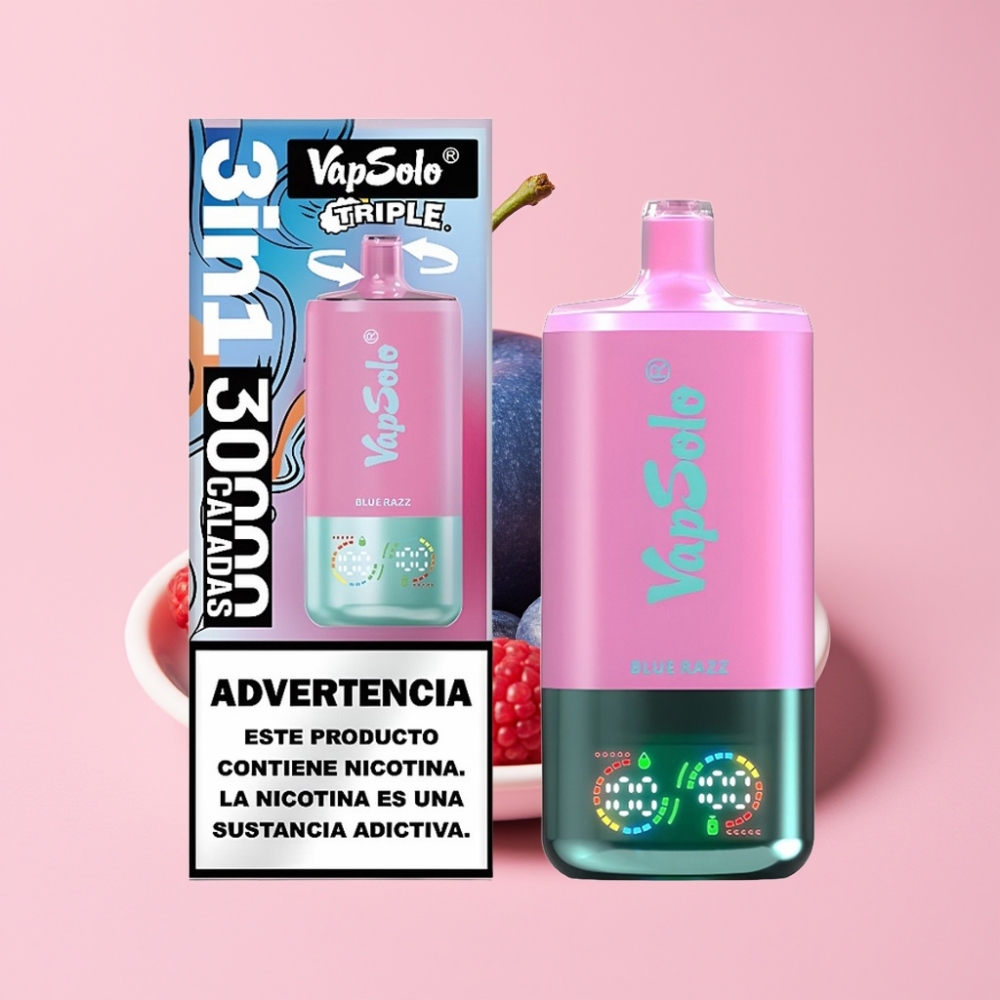 VapSolo Triple 30000 Пуфса Едноразов Вейп Син Малинов с 3 резервоара, Type-C